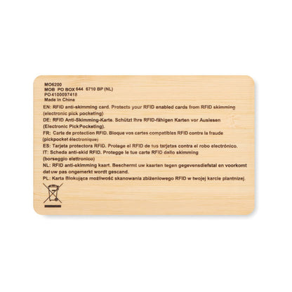 Vista trasera de tarjeta RFID de madera con instrucciones