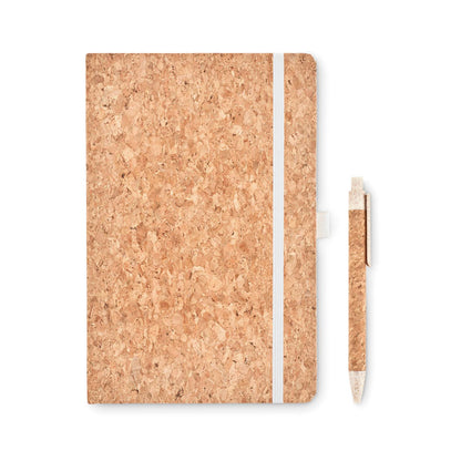 Libreta de corcho con cierre de goma blanca y bolígrafo de corcho con detalles blancos