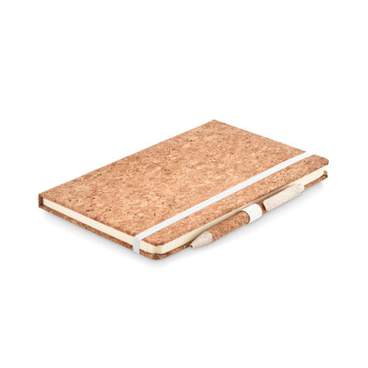 Libreta A5 de corcho con bolígrafo de corcho, cierre goma y portabolígrafos blanco