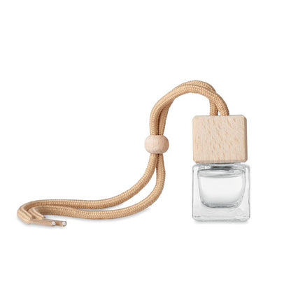Bote pequeño de cristal con cuerda en la tapa de madera con ambientador para colgar en espejo retrovisor