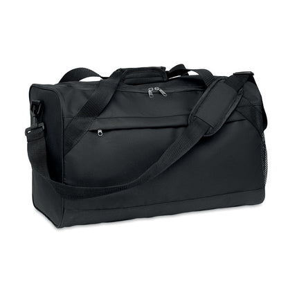 Bolsa de deporte  negra con bolsillo frontal  con cremallera y con cinta bandolera ajustable y desmontable.