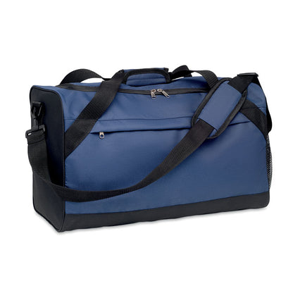 Bolsa de deporte azul con detalles de color negro  con bolsillo frontal  con cremallera y con cinta bandolera ajustable y desmontable.