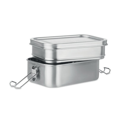 Recipiente metálico rectangular para llevar comidas con dos compartimentos