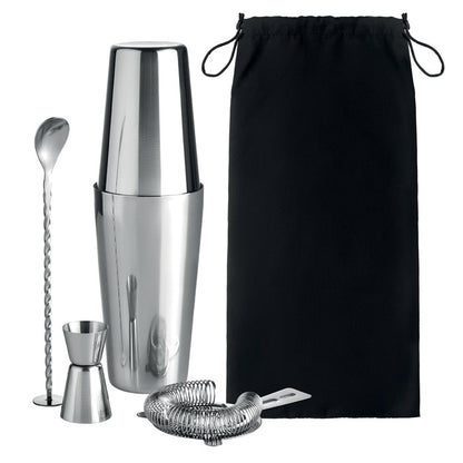 coctelera, medidor, agirtador y colador con estuche de algodón.