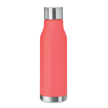 Botella de plástico rojo translúcido con base y tapón de metal
