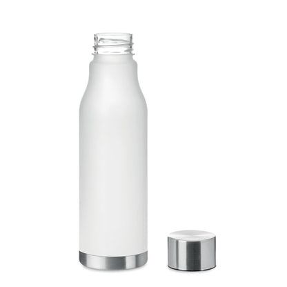 Botella blanca de plástico con tapón metálico de rosca
