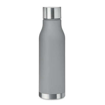 Botella de plástico gris translúcido con base y tapón de metal