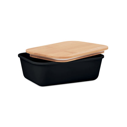 Táper de plástico negro abierto con tapadera de madera