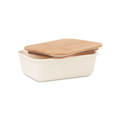 Táper de plástico blanco abierto con tapadera de madera