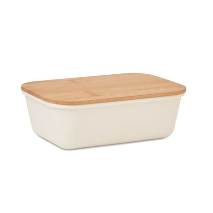 Fiambrera blanca de plástico con tapa de bambú