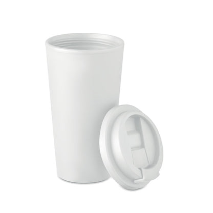 Vaso de PP blanco con tapa apoyada
