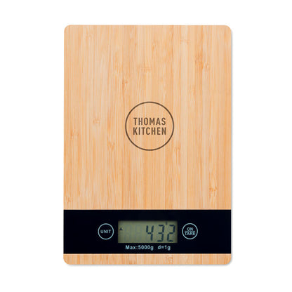 Báscula de cocina de madera personalizada con logotipo