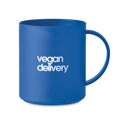 Taza de plástico azul personalizada con logotipo