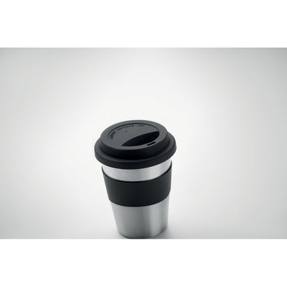 Vista superior de vaso de acero inoxidable con tapadera y asa negra de silicona