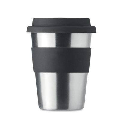 Vaso de viaje metálico con tapa y faja negra