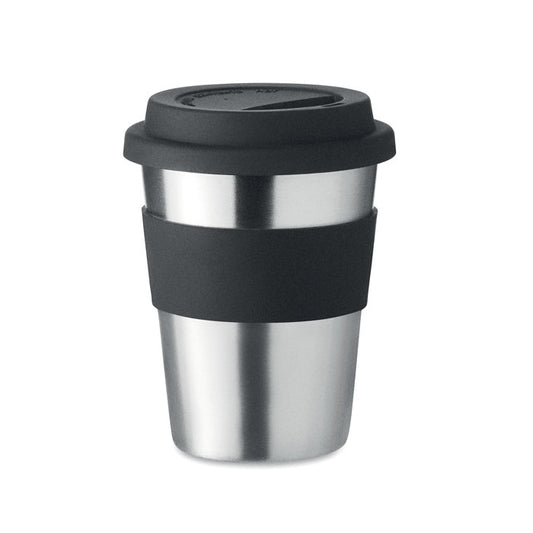 Vaso inoxidable negro con tapa y asa de silicona, ideal para bebidas calientes, capacidad de 350 ml.