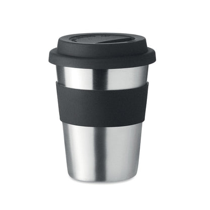 Vaso de acero inoxidable con asa alrededor y tapa de silicona negras