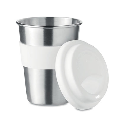 Vaso metálico con tapa y faja de silicona blanca