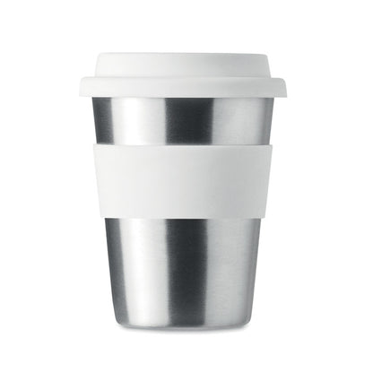 Vaso de oficina metálico con tapa y faja blanca