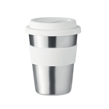 Vaso de acero inoxidable con asa alrededor y tapa de silicona blancas