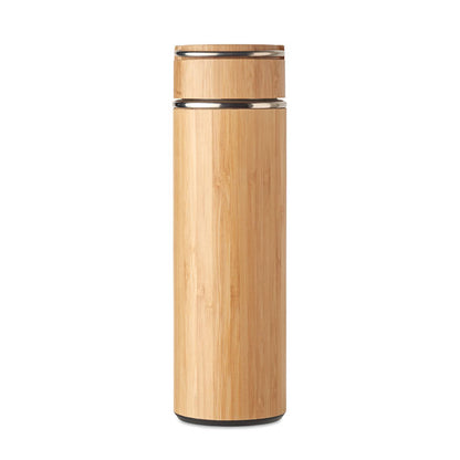 Botella de madera con tapa y asa de acero