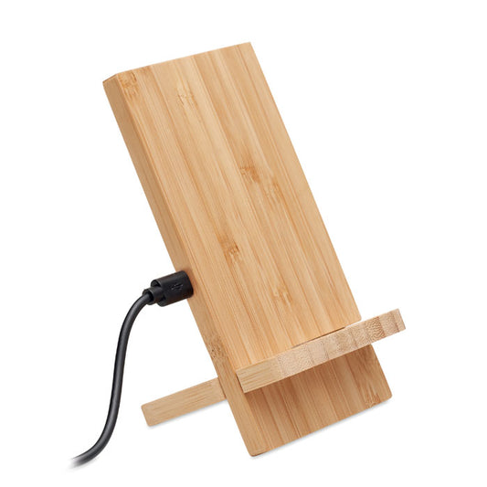Soporte teléfono de carga inalámbrica en bambú, diseño elegante con base inclinada y cable conectado, ideal para carga rápida