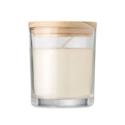 Vela blanca de cristal con tapa de bambú
