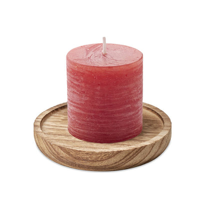 Porta velas redondo de madera con vela de roja