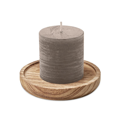 Porta velas redondo de madera con vela de marrón