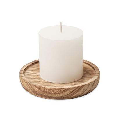 Porta velas redondo de madera con vela de vainilla
