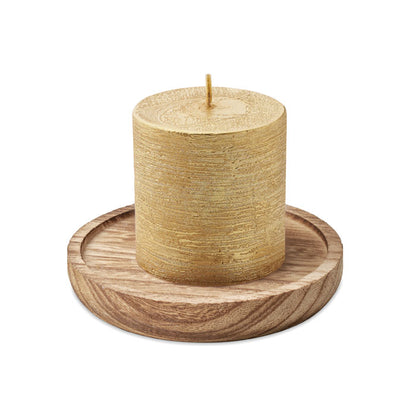 Porta velas redondo de madera con vela amarilla