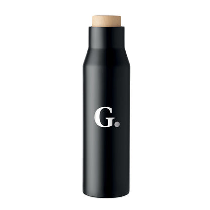 Botella de acero negra con logo y tapa de madera