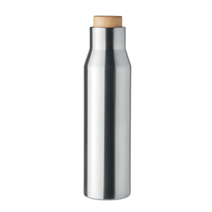 Botella de acero plateado con tapa de madera