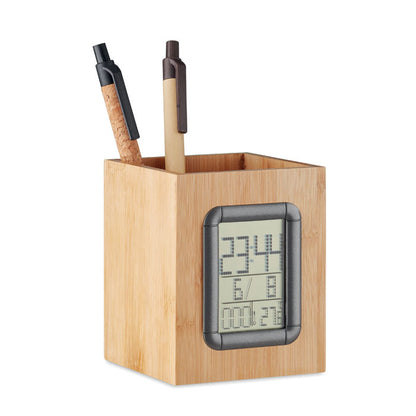 Porta bolígrafos de madera con reloj digital con 2 bolis