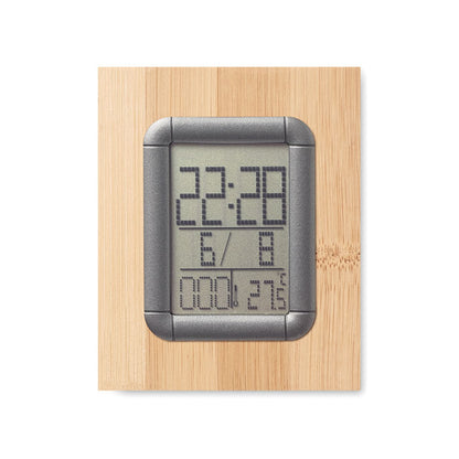 Frontal de Porta bolígrafos de madera con reloj digital