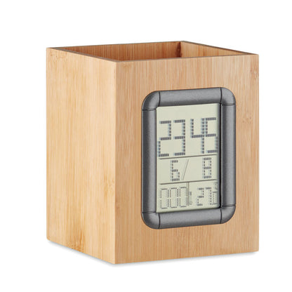 Porta bolígrafos de madera con reloj digital