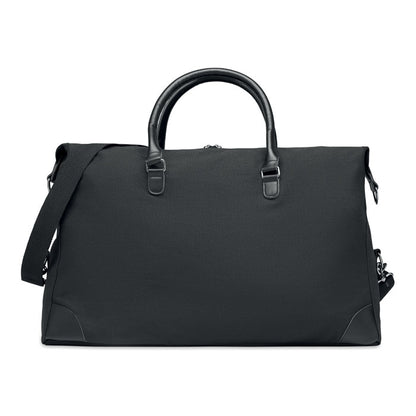 Parte trasera de bolsa de viaje negra de lona con detalles de PU