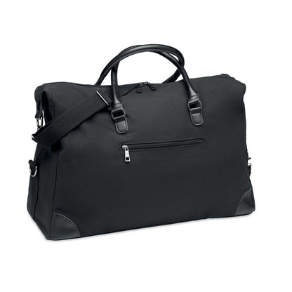 Bolsa negra de fin de semana de lona de con detalles en PU y bolsillo frontal con cremallera, Incluye correas resistentes, ajustables y desmontable