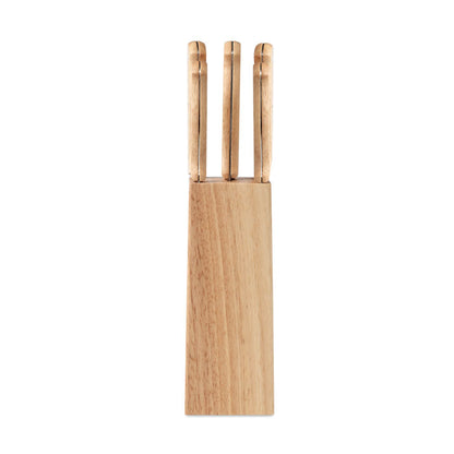 Vista frontal de soporte de madera con 5 cuchillos de cocina