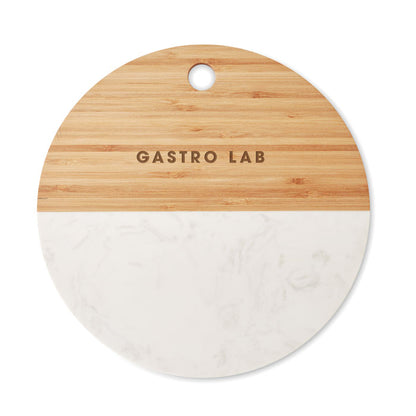Tabla de cortar de madera y mármol con logotipo