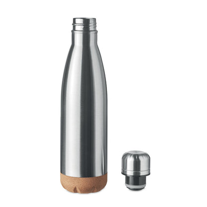 Botella de acero inox. con base de corcho tapon al lado
