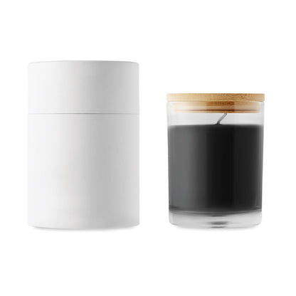 Vela de vidrio negra, tapa de bambú caja cilíndrica al lado
