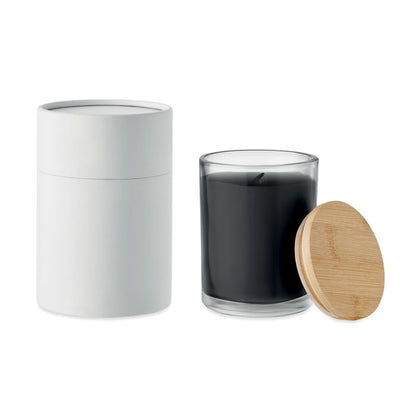 Vela de vidrio negra, tapa de bambú caja cilíndrica al lado