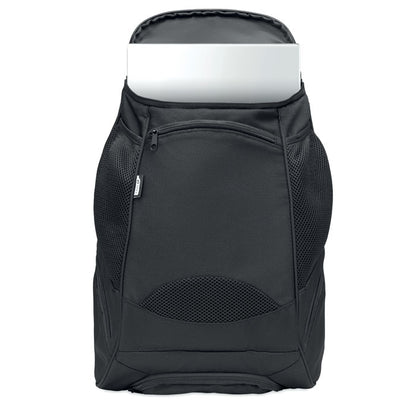 Mochila negra con compartimento para portátil con varios bolsillos exteriores y un gran compartimento central