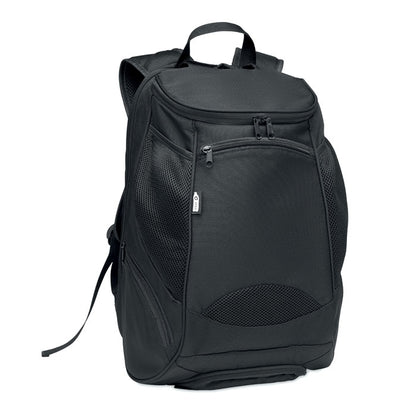 Mochila deportiva negra con compartimento central y varios bolsillos exteriores con cierre cremallera