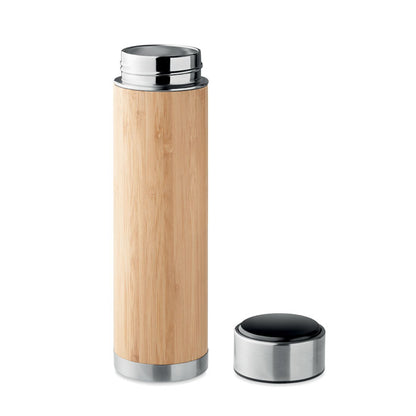 Botella de madera y acero con tapón quitado