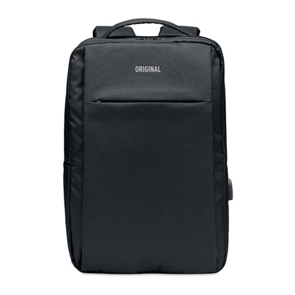 mochila rectangular negra de poliéster para portátil con bolsillo exterior con cremallera y personalizada con logotipo en parte superior