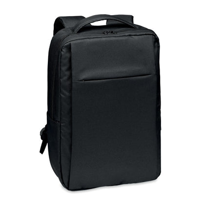 Mochila rectangular negra de poliester para portátil con asa superior y correas para hombros
