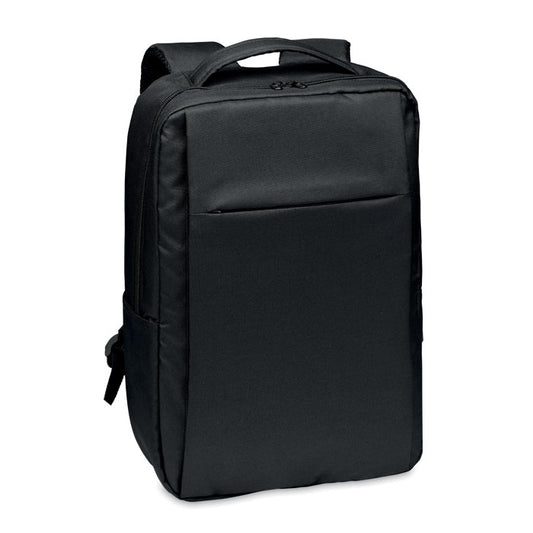 Mochila portátil negra de poliéster RPET 300D con diseño moderno y compartimento para portátil, vista lateral.