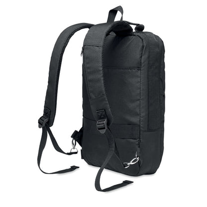 Vista trasera de mochila negra para portátil con correas con mosquetones